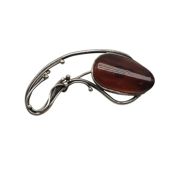 Baltic Amber Stone Brooch Pin Modernist Sterling Silver Vintage - Picture 1 of 7